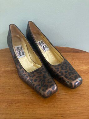 Timothy Hitsman Vintage Leopard Print Square-Toe Pumps Size 7.5M Chunky Heel Bro